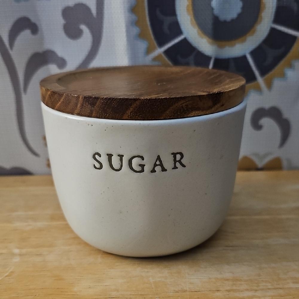Hearth Hand Magnolia Stoneware Sugar bowl wood Lid Cover